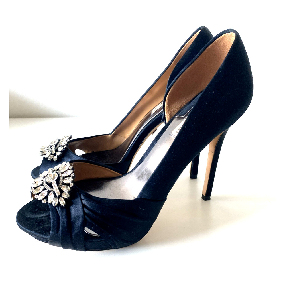 Badgley Mischka D'Orsay Pump Platform Black Satin Peep Toe Embellished Crystal 8 - Picture 7 of 10